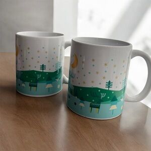 Set of 2 Sweet Expressions Festive Tree Deer Moon Stars Snow Coffee Mugs